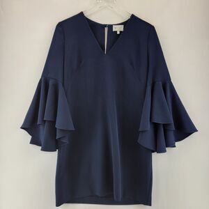 Milly Dress Size 10 Shift Knee Length Bell Sleeve Navy Blue V-Neck Stretch USA